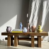 Solid wood bench with openwork base crossed by a cylinder - Mango wood