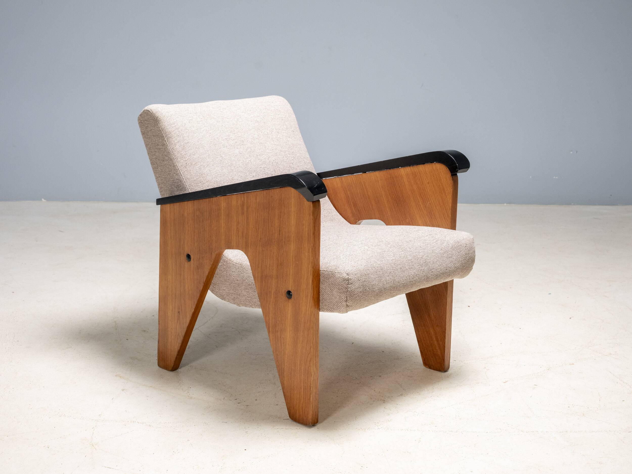 Vintage A-frame wooden armchairs, Czech design, 1950s, set of 3