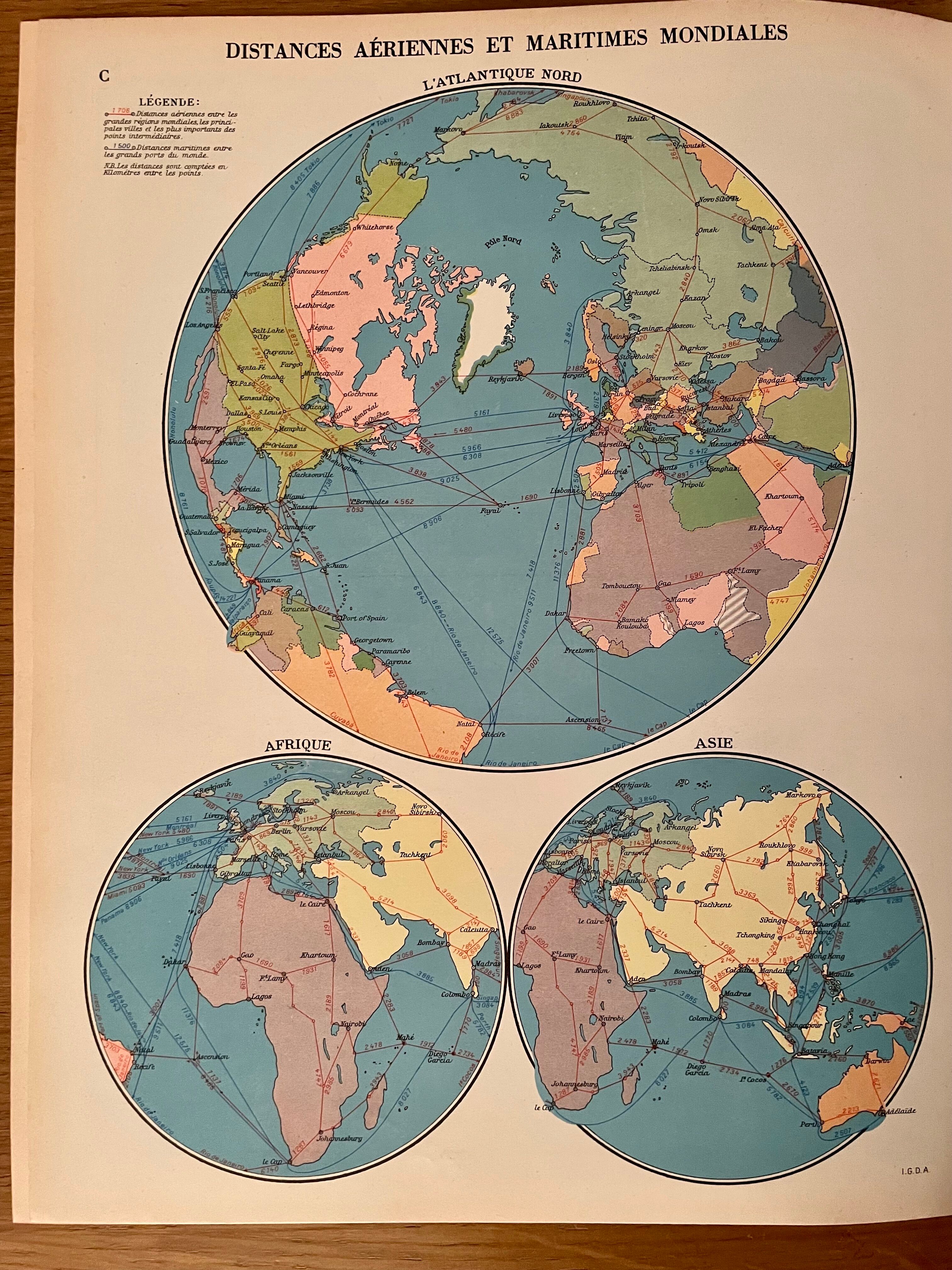Lithographie ancienne mappemonde de 1951 (grand format)