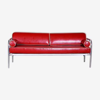Red leather sofa made in 1930s Czechia by Vichr & Co. - Fully restored