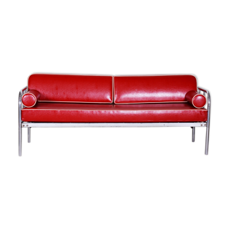 Red leather sofa made in 1930s Czechia by Vichr & Co. - Fully restored