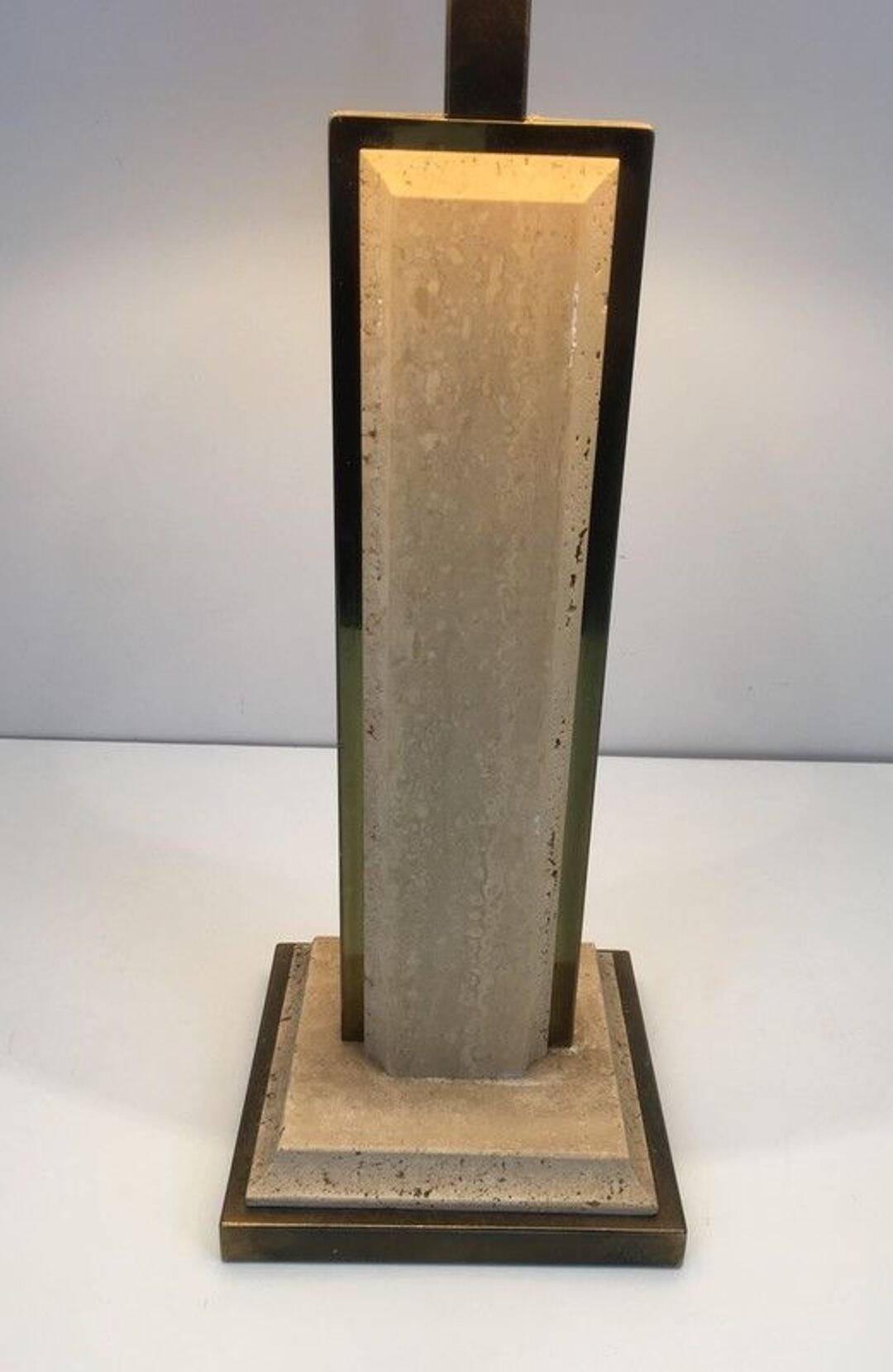 Table Lamp in Travertine and Gold Chrome, French Work, circa 1970