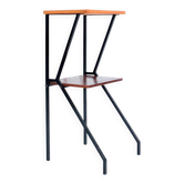 Mid-century modern Italian telephone side table with two levels, wood and black metal structure, 1960s.