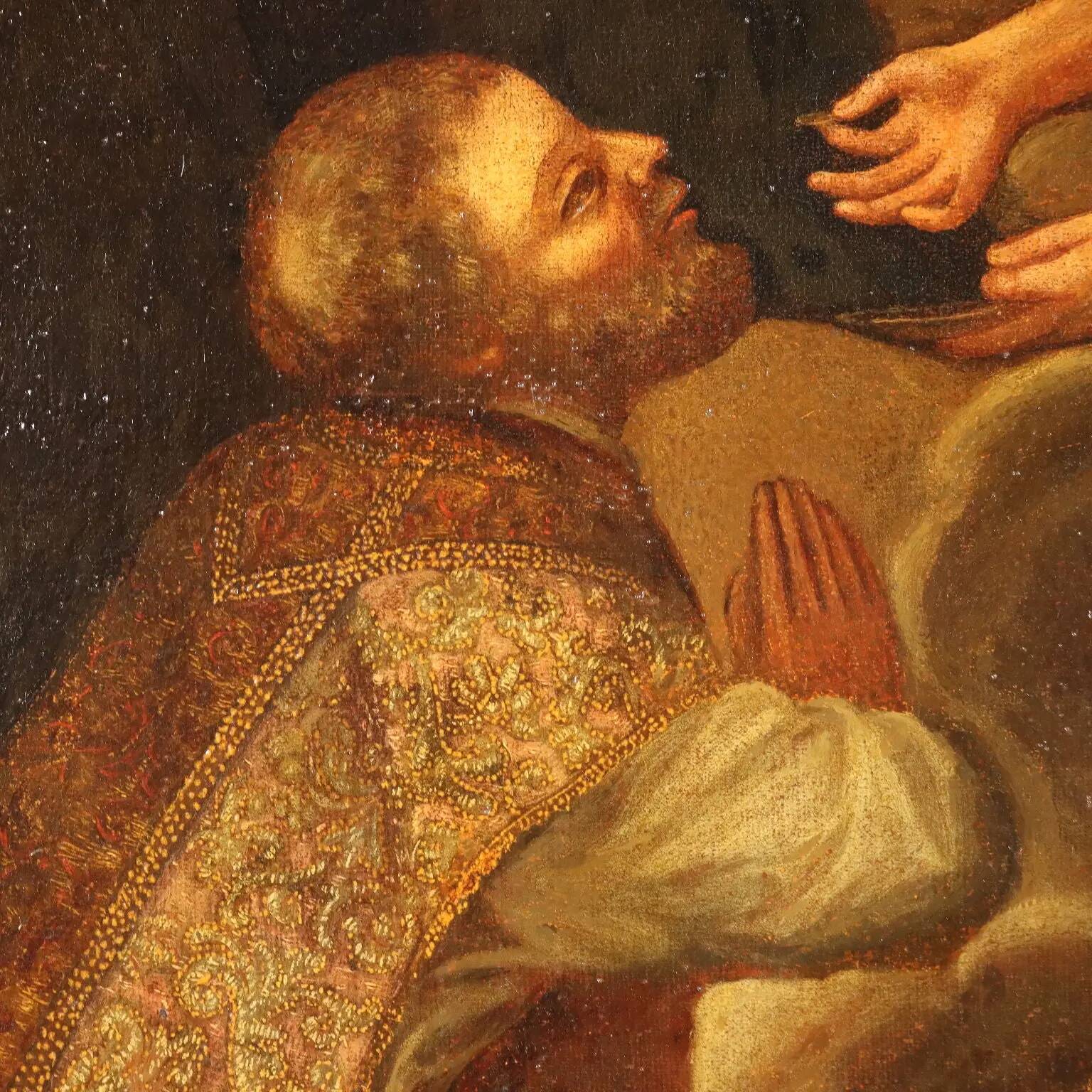 Ancient painting of Saint Bishop receiving communion from Jesus, 1600s.