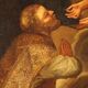 Ancient painting of Saint Bishop receiving communion from Jesus, 1600s.