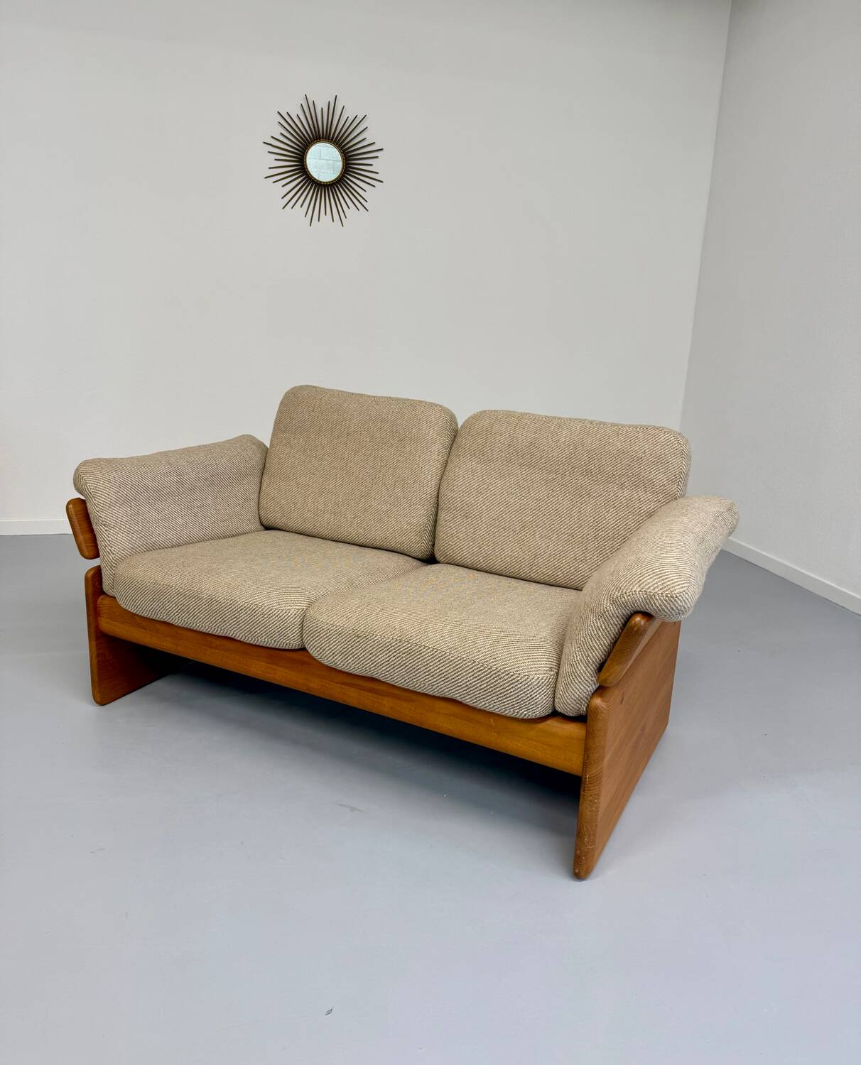 Old sofa in solid elm and vintage 80s design fabric Seltz France