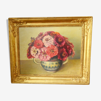 Oil on panel painting still life bouquet of flowers signed Durand