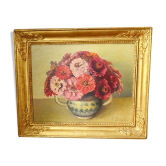 Oil on panel painting still life bouquet of flowers signed Durand