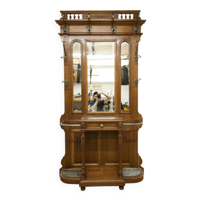 Vestiaire Napoléon III en noyer fin 19e, 3 miroirs, marbre