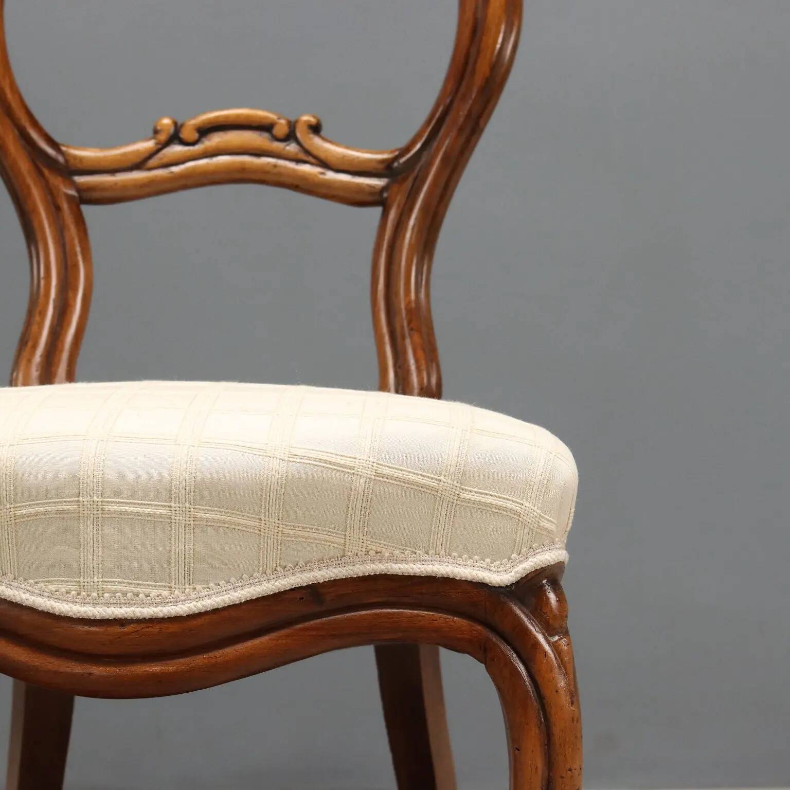 Antique Louis-Philippe chairs in walnut and fabric, Italy, 19th century.