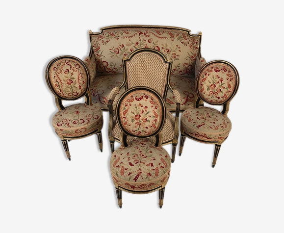 Salon de style Louis XVI en bois laqué noir rechampi or, XIXe