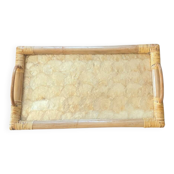 Plateau nacre et rotin vintage
