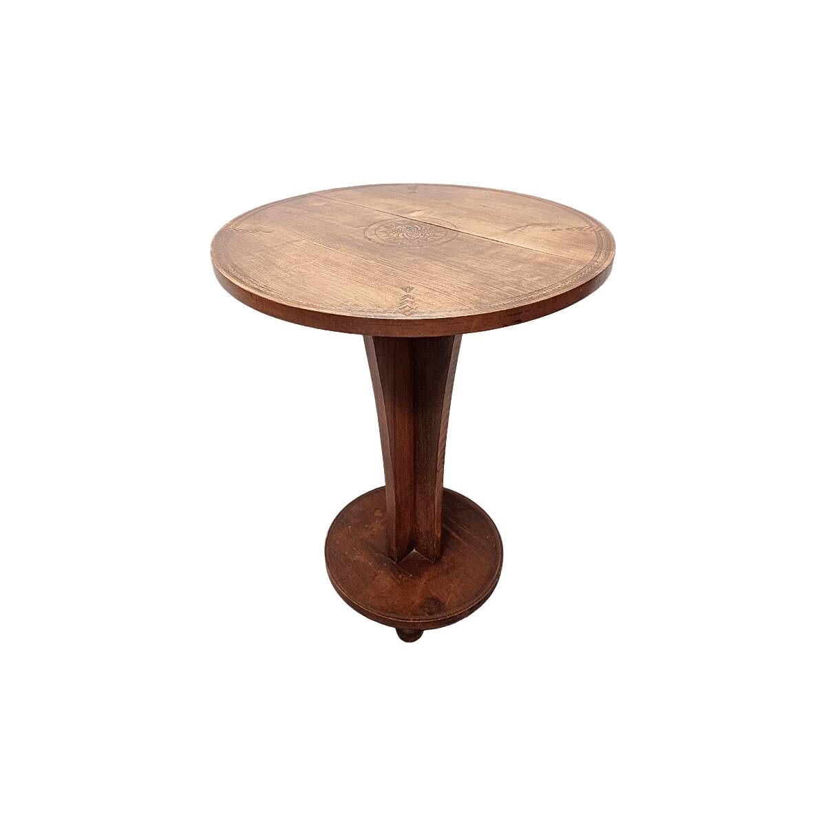 Round Beechwood Side Table With Carving, 1950s