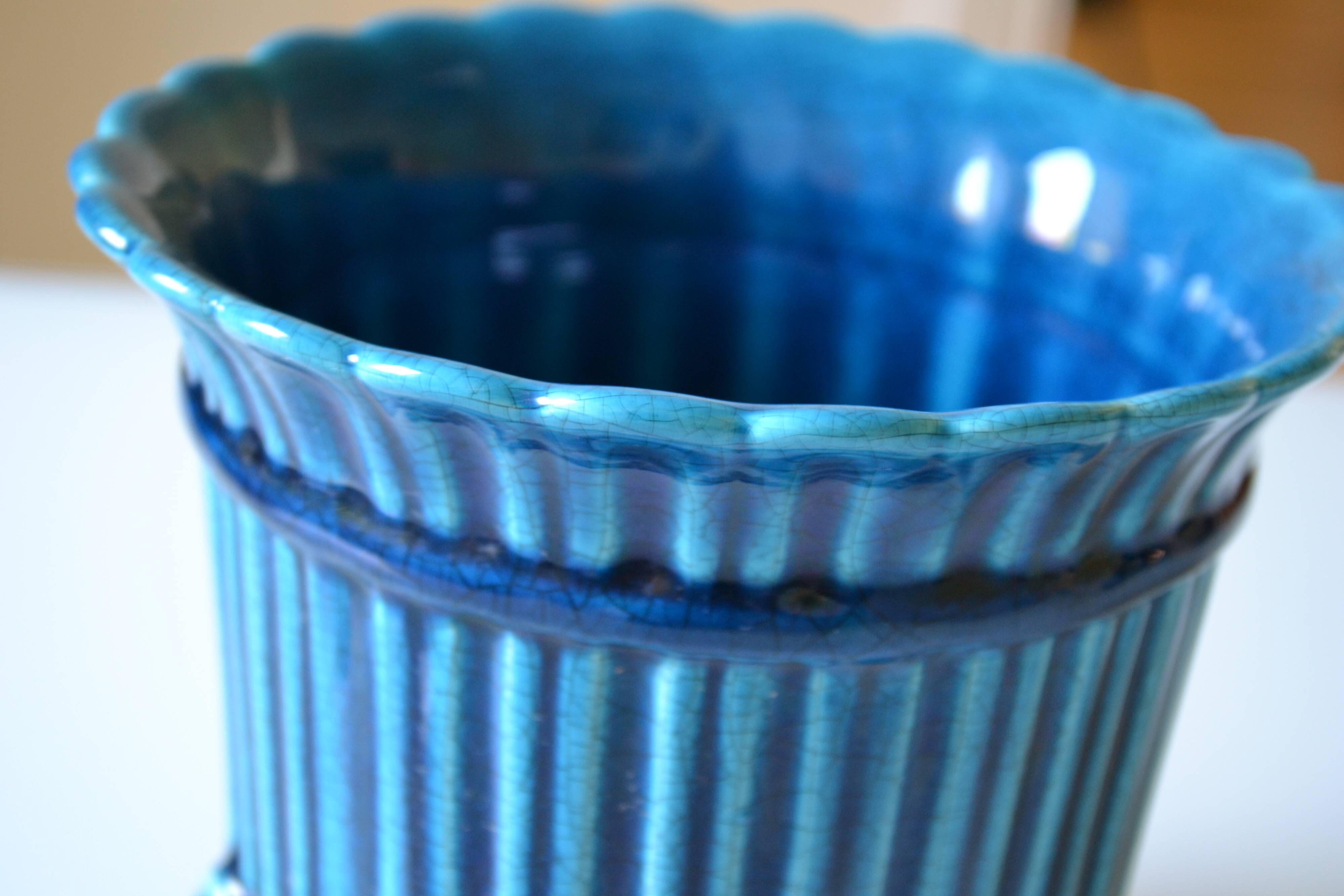Cracked blue ceramic cache pot