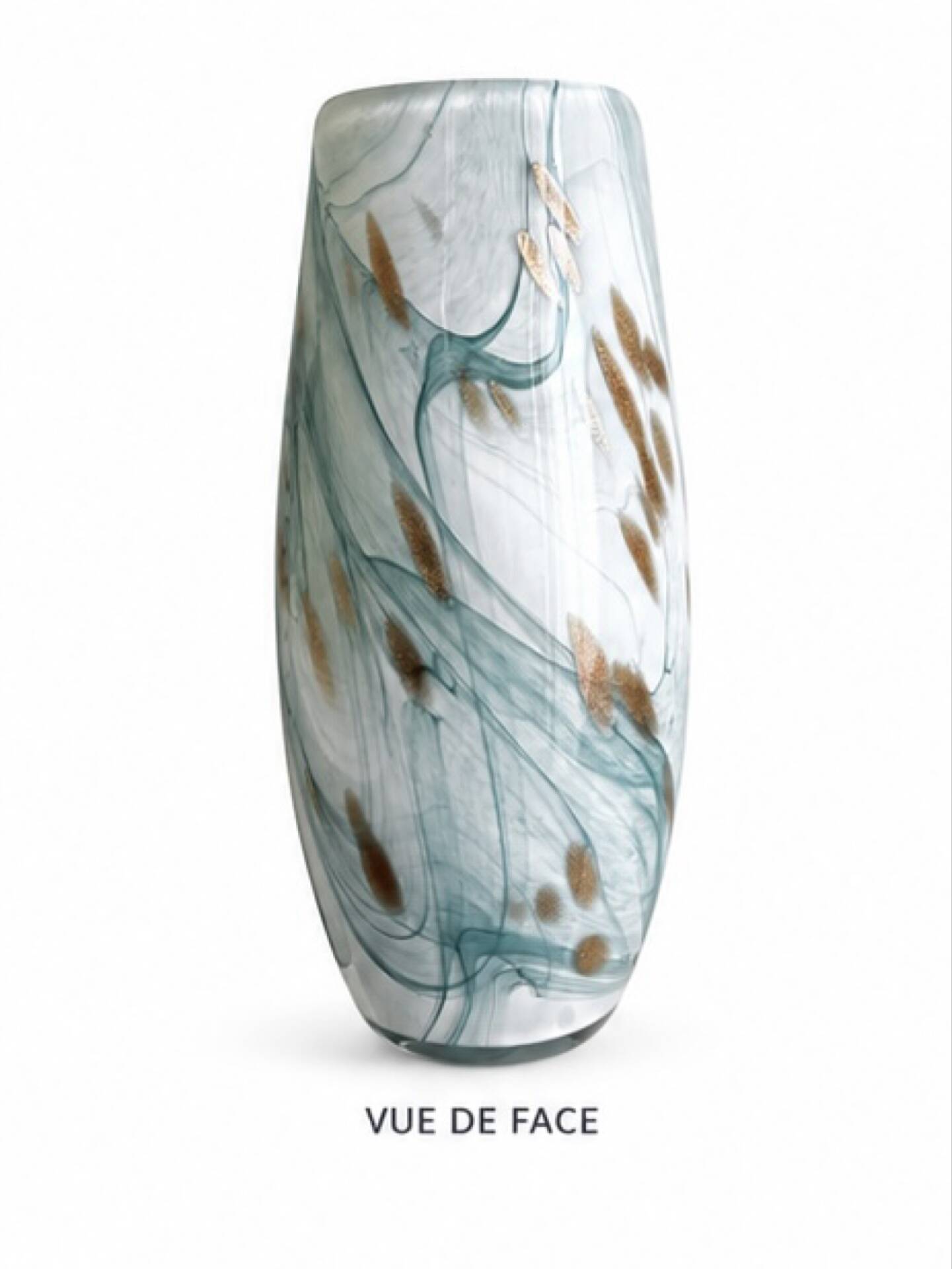 Blown glass vase marbled in white, water green, and with golden inclusions –