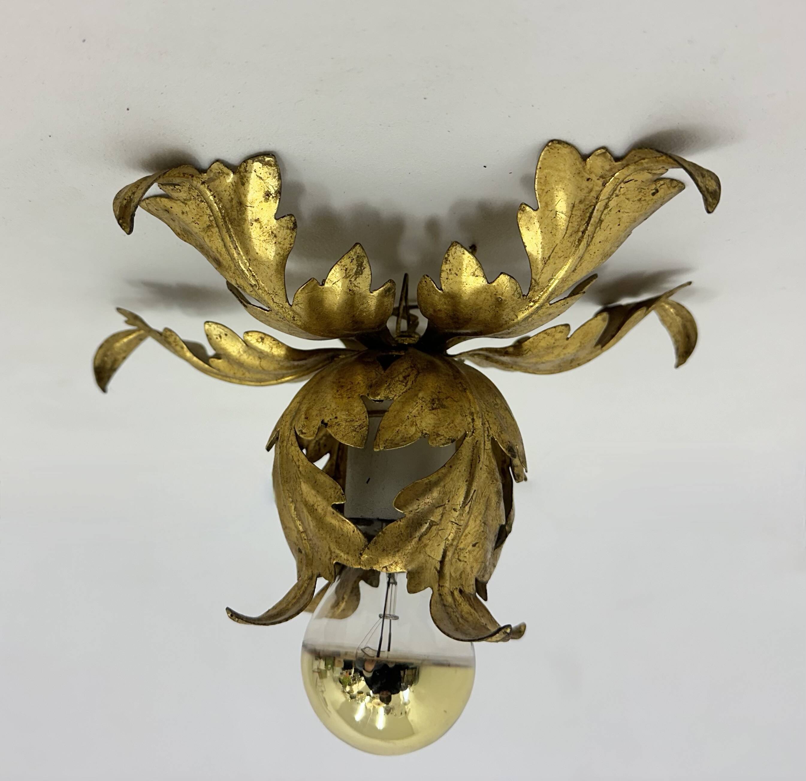 Hollywood regency gold leaf flower light , 1970s