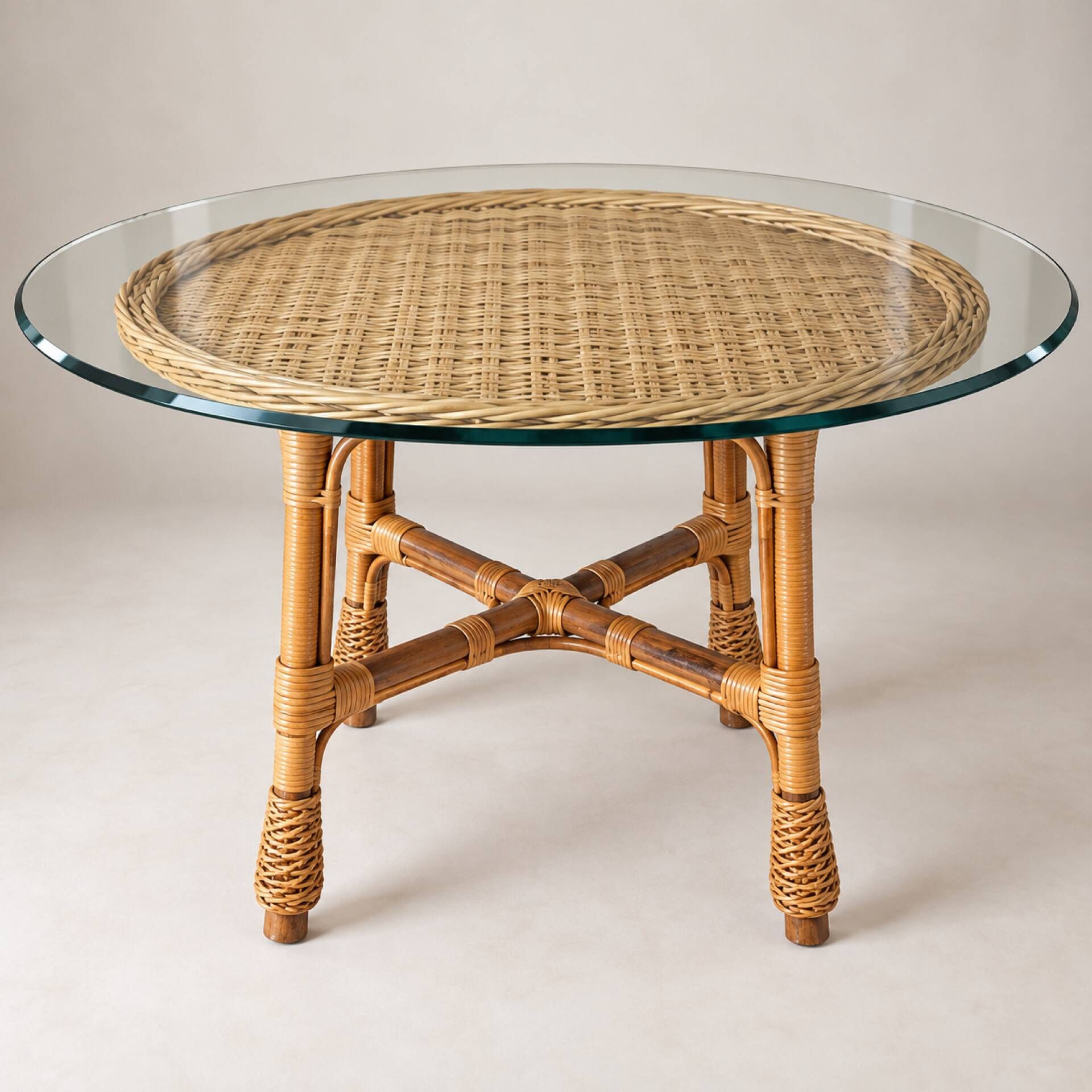 Dining table rattan/wicker/glass 1960 - vintage chic