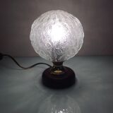 Structured glass bedside lamp and wooden foot / vintage 60s-70s