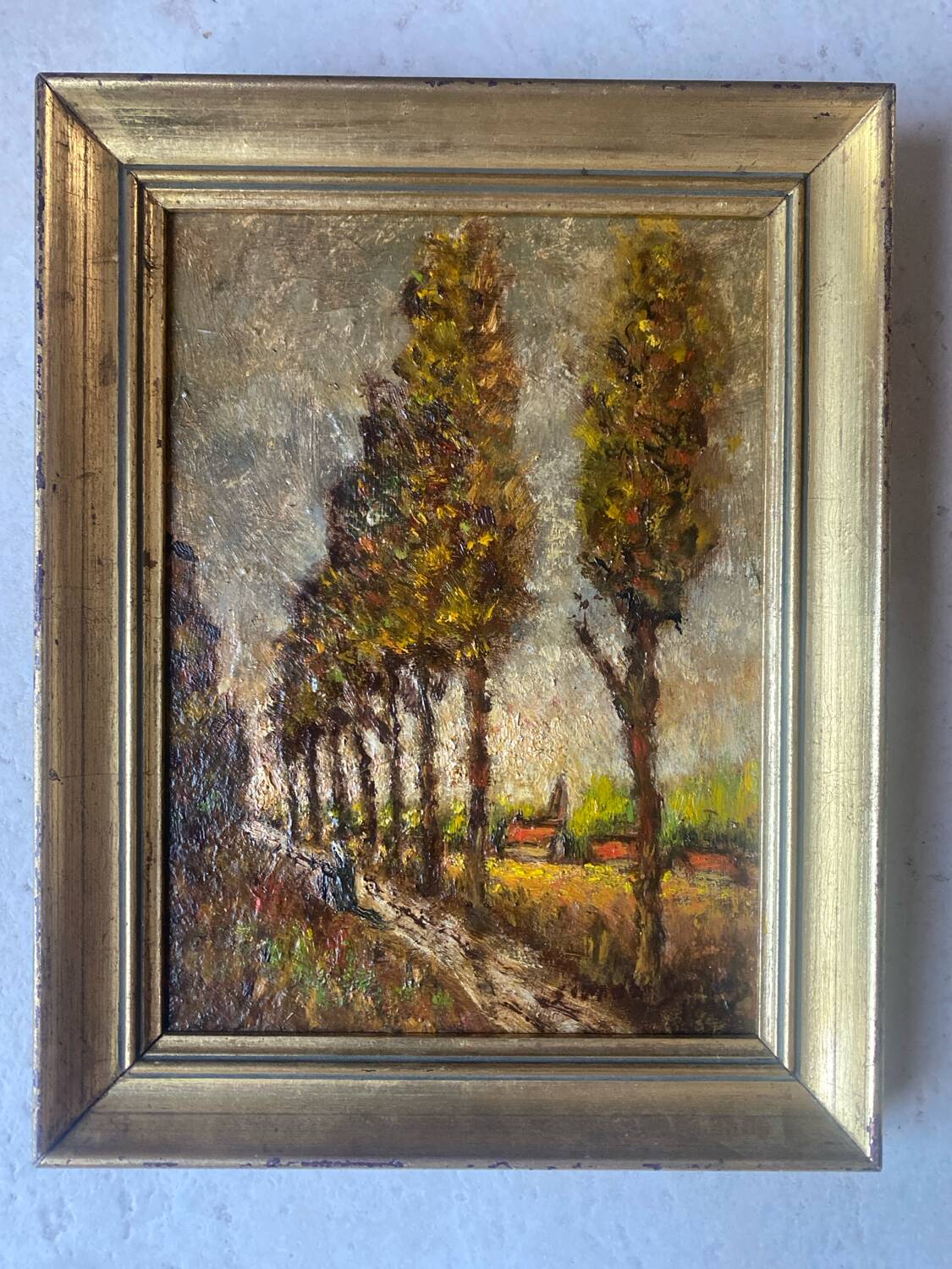 Tableau Ancien 1895 - Allée de Peupliers - Huile sur Panneau & Cadre D