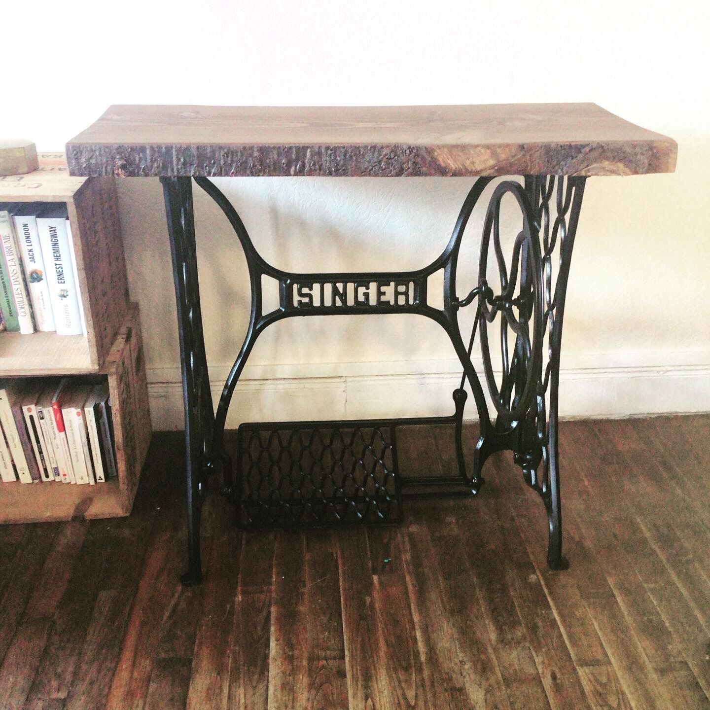 Cast iron and solid wood side table