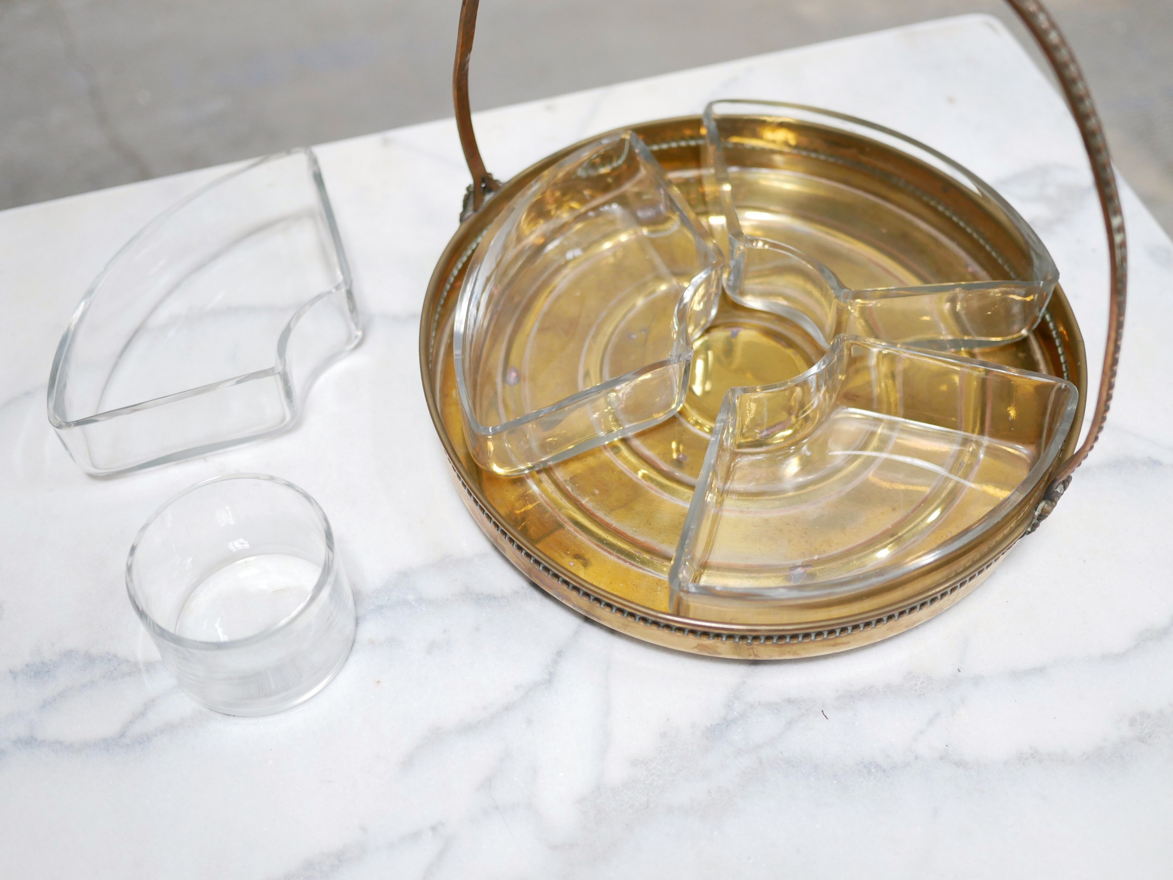 Vintage aperitif serving tray in brass and glass