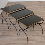 Vintage nesting tables in metal and black opaline glass 1950