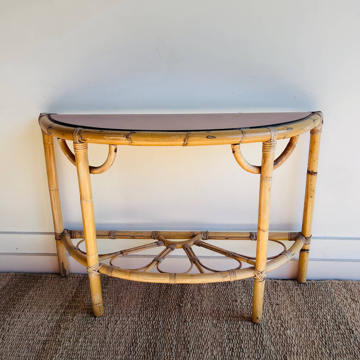 Console table d’appoint en rotin avec miroir rose