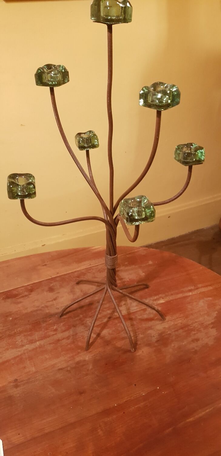 Large designer 6-branched candlestick in wrought iron and glass.