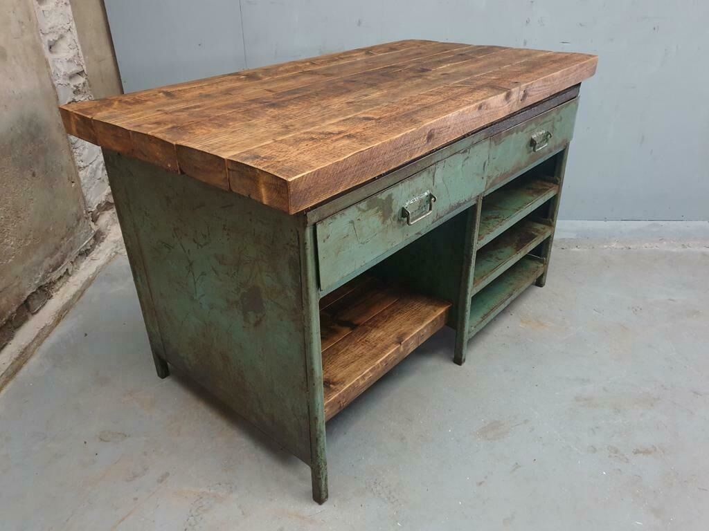 Industrial workbench kitchen island sideboard sea green with drawers