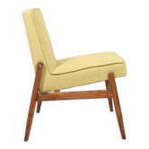 Chauffeuse vintage jaune tissu de laine bois naturel rustique 1970 design moderne du milieu du siècle