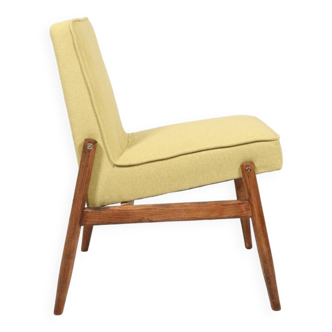 Chauffeuse vintage jaune tissu de laine bois naturel rustique 1970 design moderne du milieu du siècle