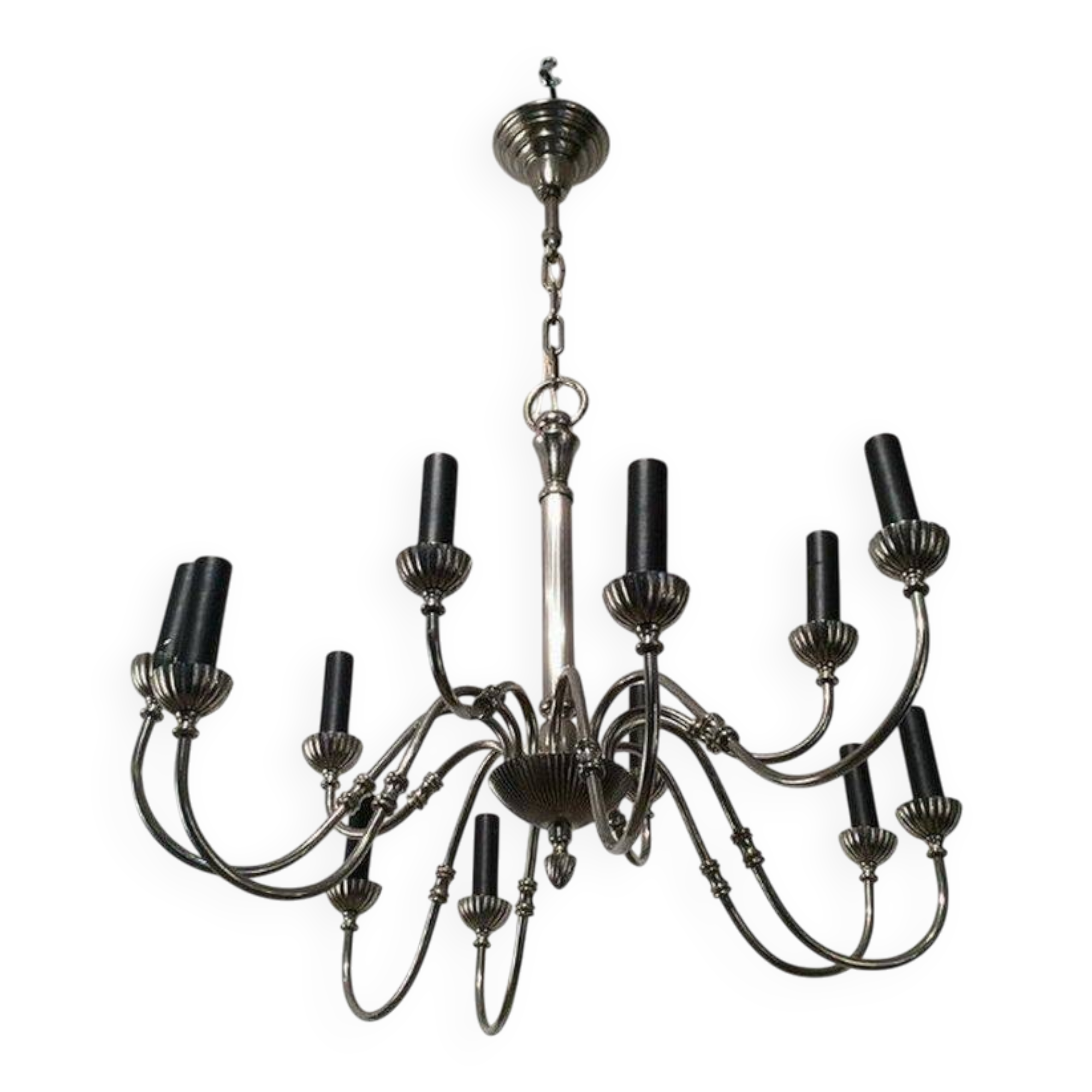 Neoclassical style chandelier in silver-plated metal with 12 lights