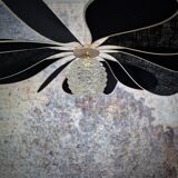 12-blade aerial suspension in rattan and black linen with vintage globe