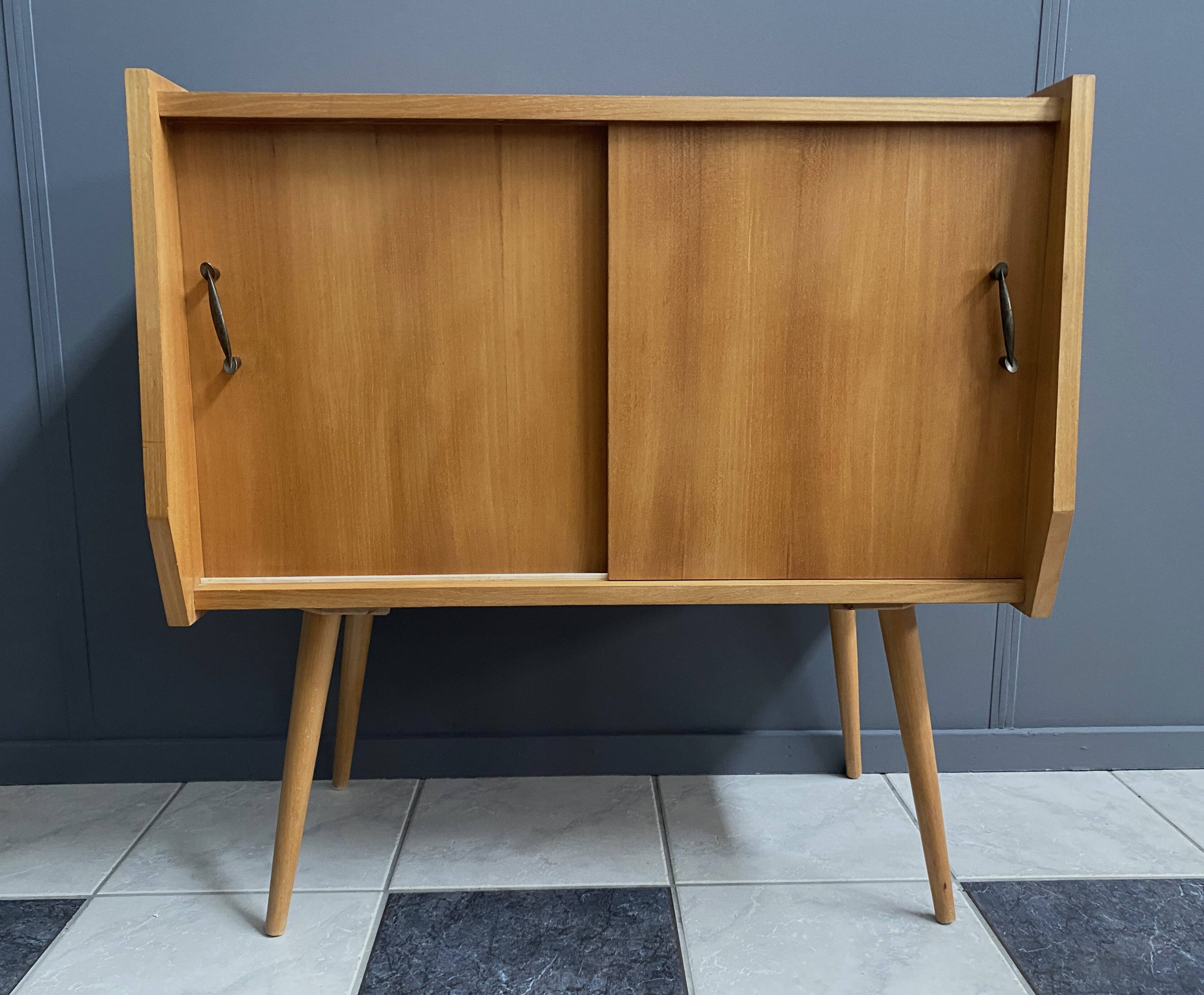 1960s blond wood wardrobe with 2 sliding doors