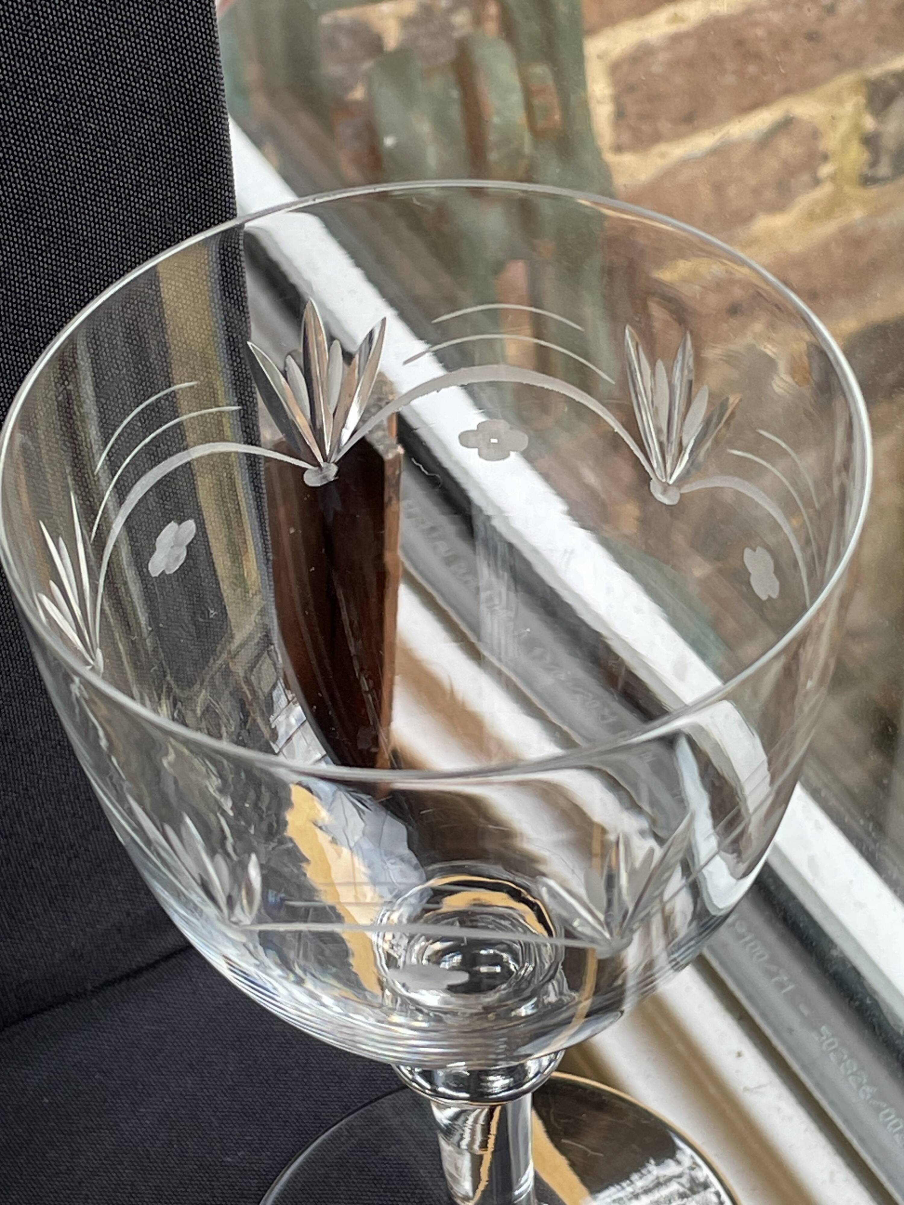 5 blown, cut and engraved crystal wine glasses