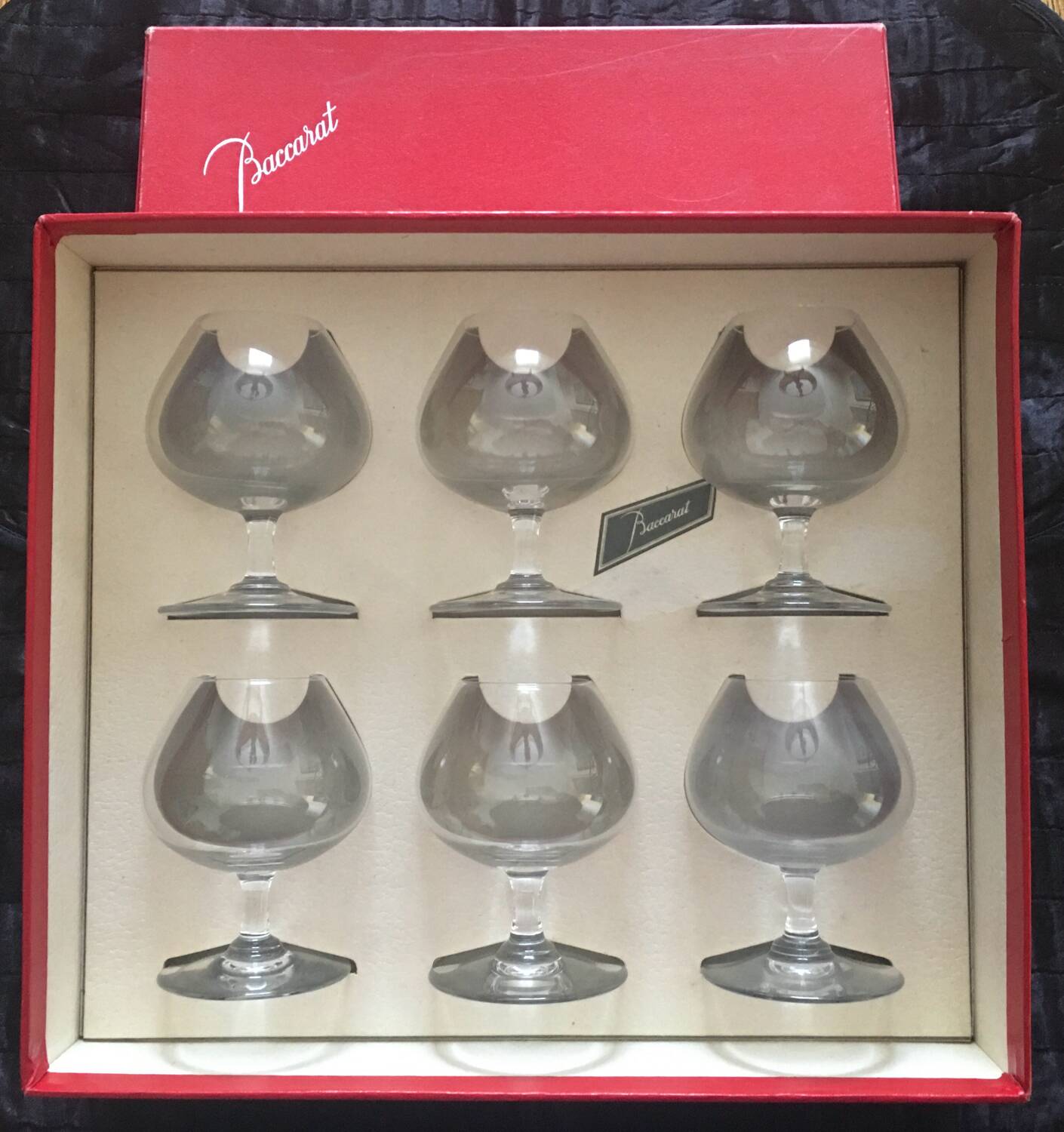6 Baccarat crystal cognac glasses in box