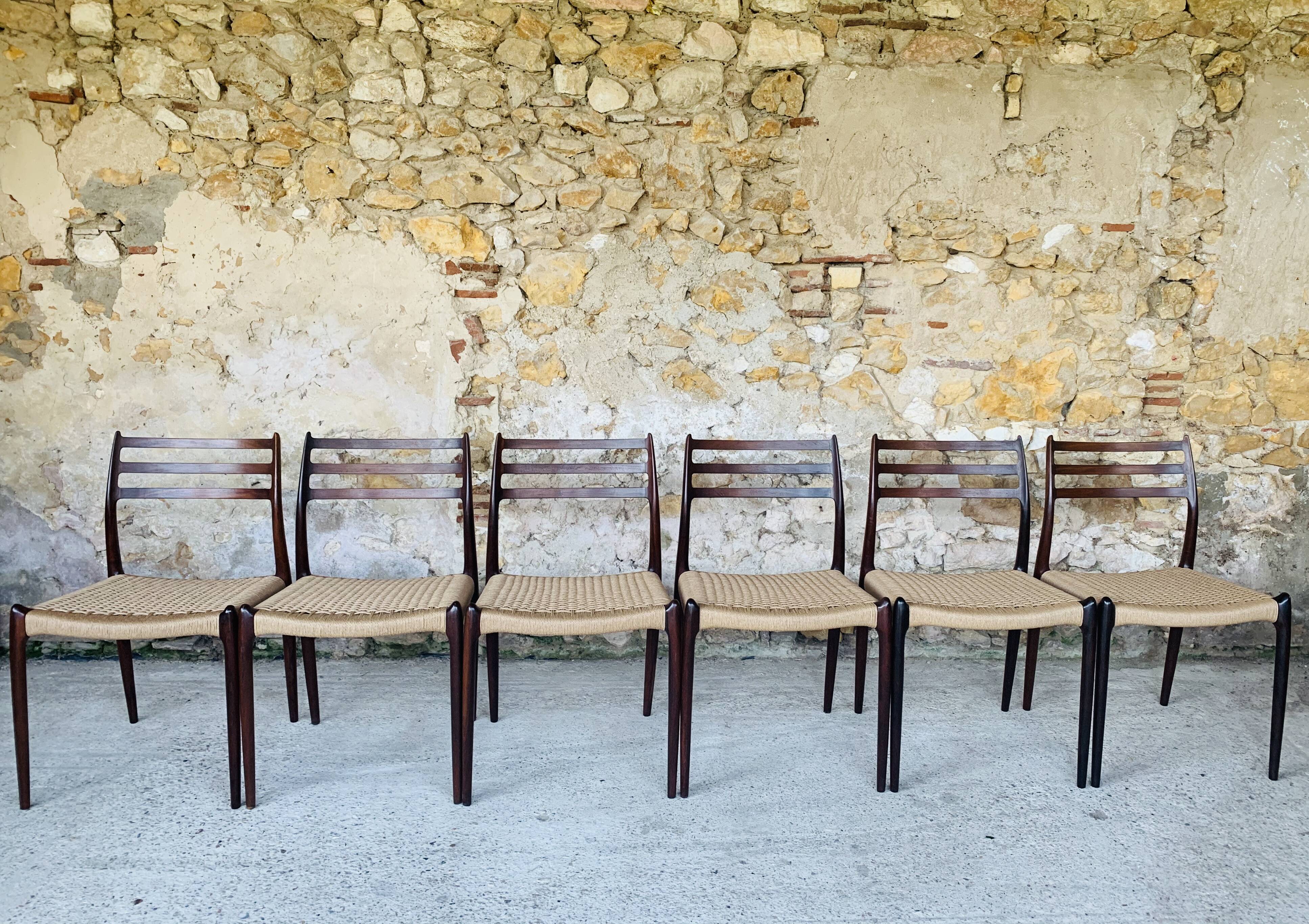 First edition rosewood model 78 dining chairs by Niels Moller, 1962-1970, Set of 6.