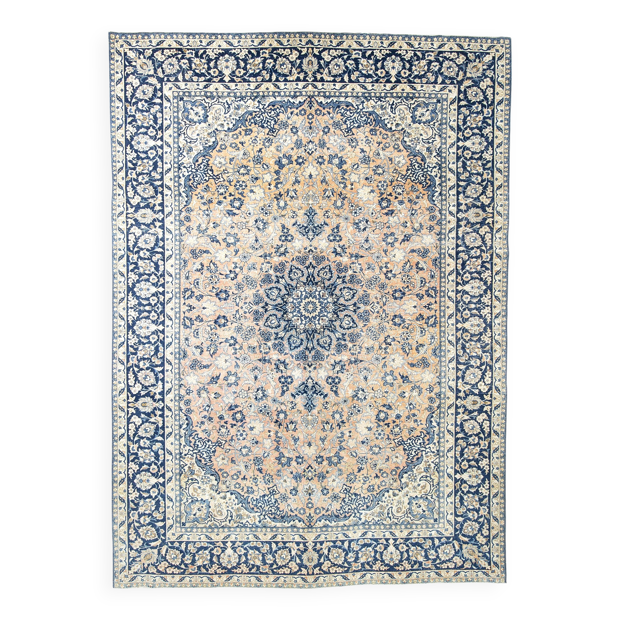 Tapis Persan Vintage Tissé Main, Motif Floral, Laine Beige & Bleu,301x414Cm