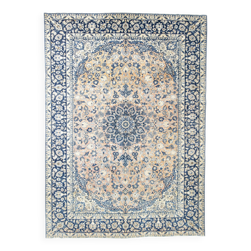 Tapis Persan Vintage Tissé Main, Motif Floral, Laine Beige & Bleu,301x414Cm