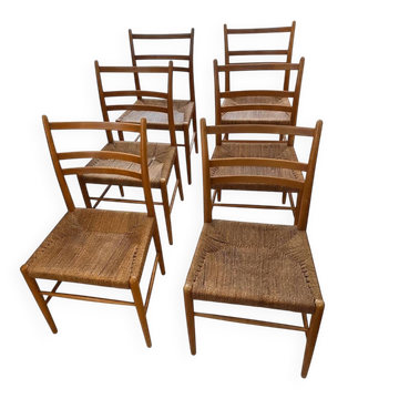 Lot de 6 chaises scandinaves vintage en cordage papier – Années 60