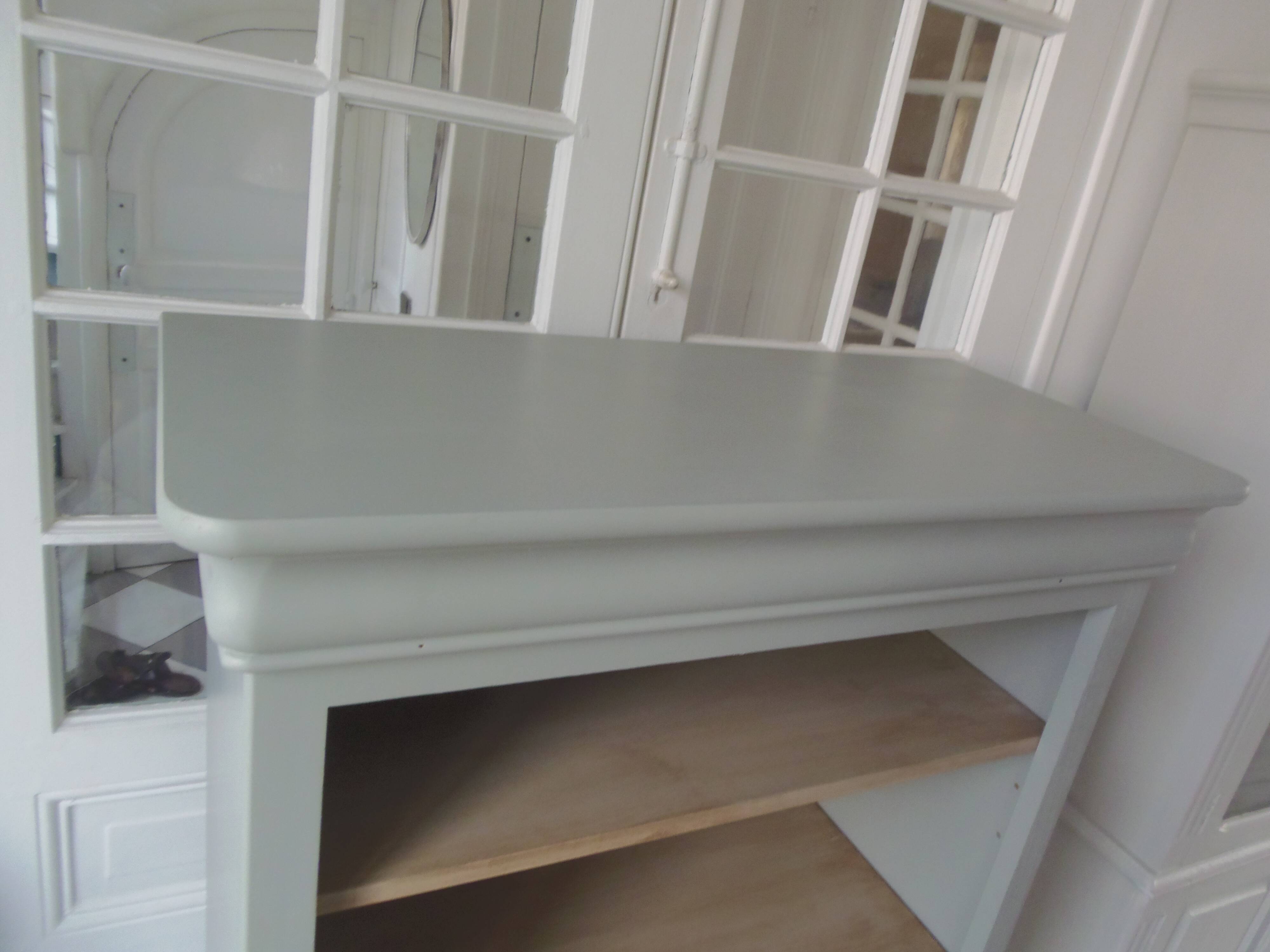 Louis Philippe style bookcase reenchanted in verdigris, 3 light oak waxed shelves.