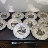 Lot 10 talking plates opaque Sarreguemines late 19th, Universal Exhibition 1889