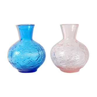 Set of 2 Vintage Small Blue and PinkGlass Vases with Flowers Pattern, Italy