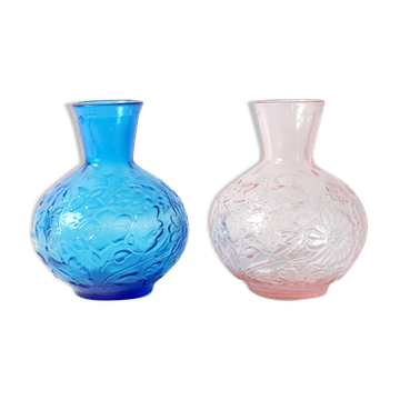 2 vases vintage en verre bleu et rose avec motif de fleurs, Italie
