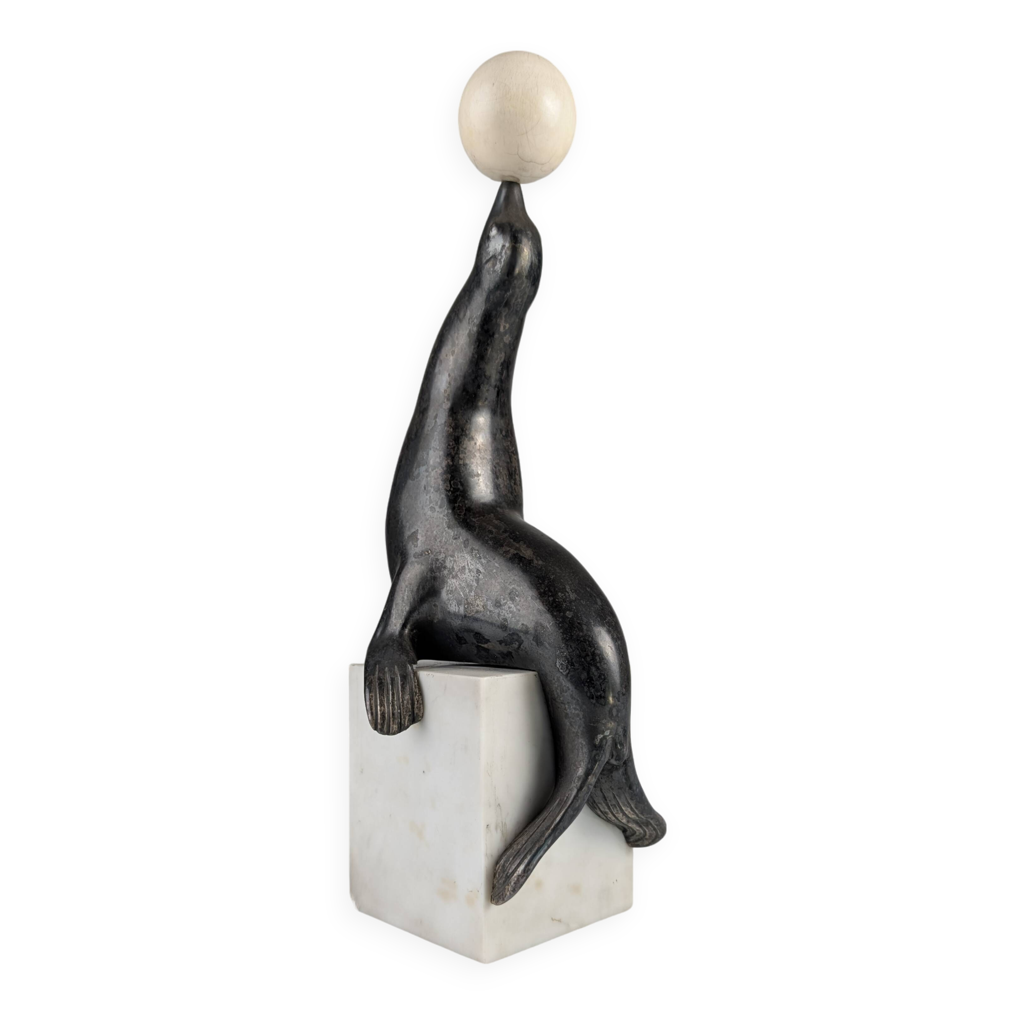 Art Deco Chryselephantine Sculpture Sea Lion att. Marcel-André Bouraine, 1900s