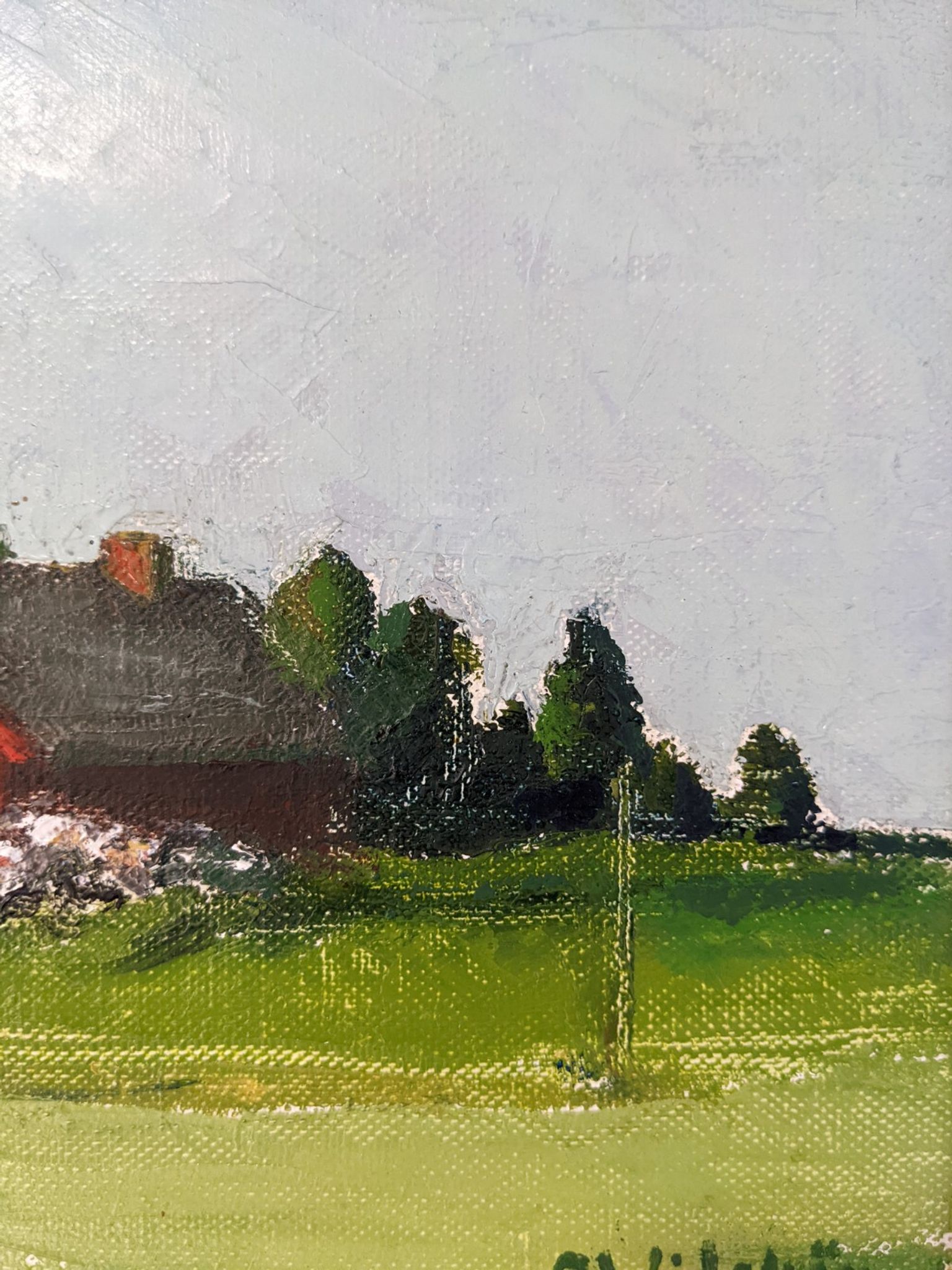 Mid-Century Modern Swedish "Red Cottage" Vintage Landscape Oil Painting, Framed