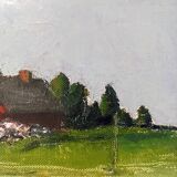 Mid-Century Modern Swedish "Red Cottage" Vintage Landscape Oil Painting, Framed