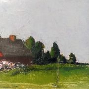 Mid-Century Modern Swedish "Red Cottage" Vintage Landscape Oil Painting, Framed