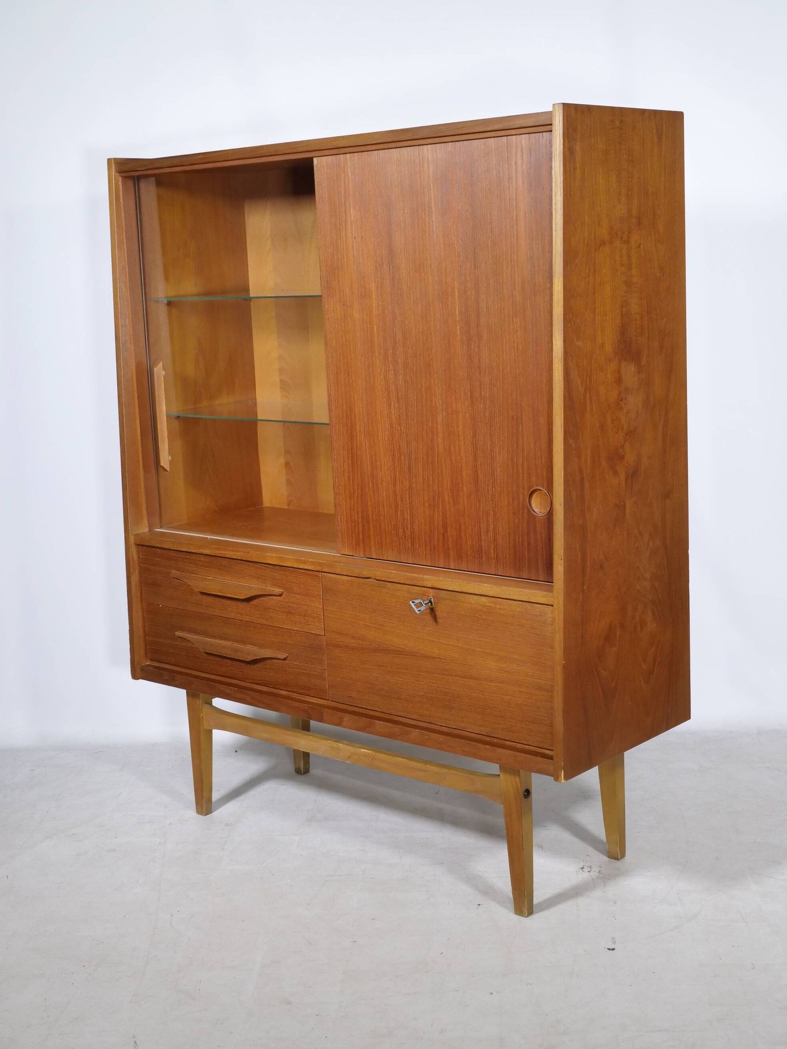 Mid Century Teak Highboard with Glass Display Cabinet & Sliding Door, 1960s