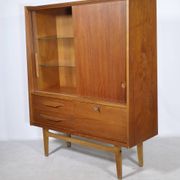 Mid Century Teak Highboard with Glass Display Cabinet & Sliding Door, 1960s